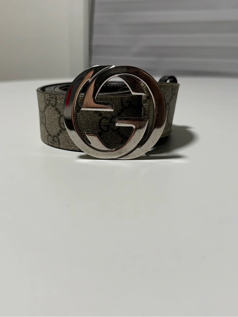 Gucci Beige GG Supreme Canvas Belt with Silver Double G Buckle